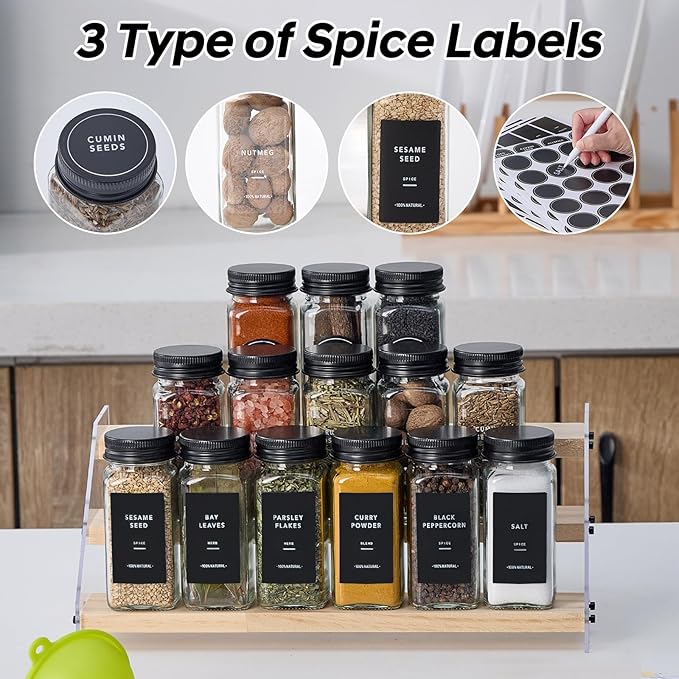 48 Glass Spice Jars with 576 Labels-Spice Jars with Black Metal Caps, 4oz Empty Square Spice Containers with Shaker Lids, Funnel, Pen, Seasoning Bottles for Spice Rack, Drawer, Cabinet