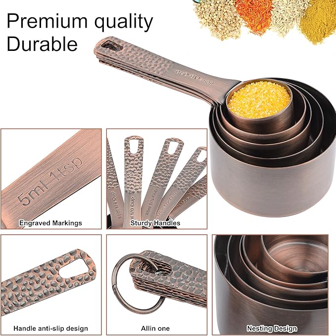Copper Measuring Cups and Spoons Set for Drying & Liquid, Stainless Steel 6 Copper Measuring Cups and 7 Measuring Spoons with 1Leveler and 2 Locking Rings for Kitchen