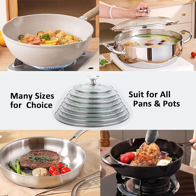 Glass Lids, Replacement Tempered Clear Glass Lids with Steam Vent，Covers For pots, pans and skillets，Available in Small and Large lid 8, 9.5, 10.25, 11, 12, and 12.5 Inch