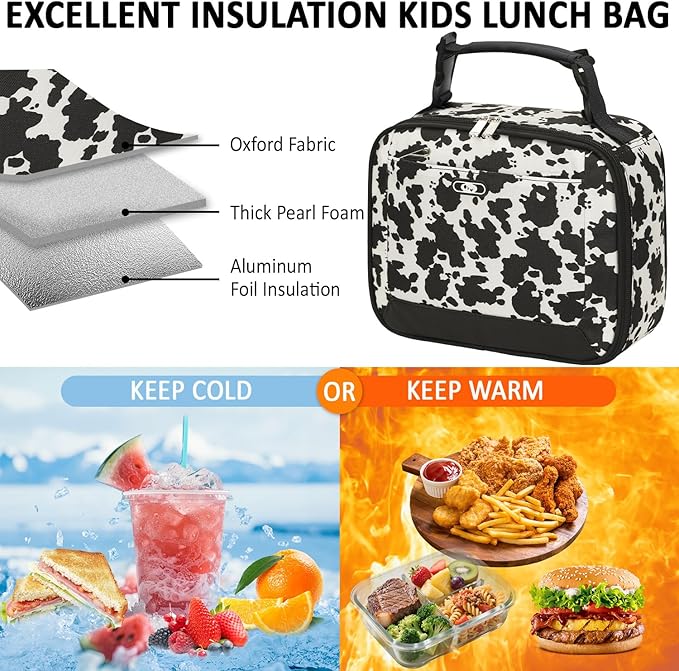 Lunch Box Kids Insulated Lunch Bag for Boys Girls Cute Reusable Lunch Tote Bag Waterproof Portable Thermal Lunch Box Kids for School Picnic Travel Cow Print