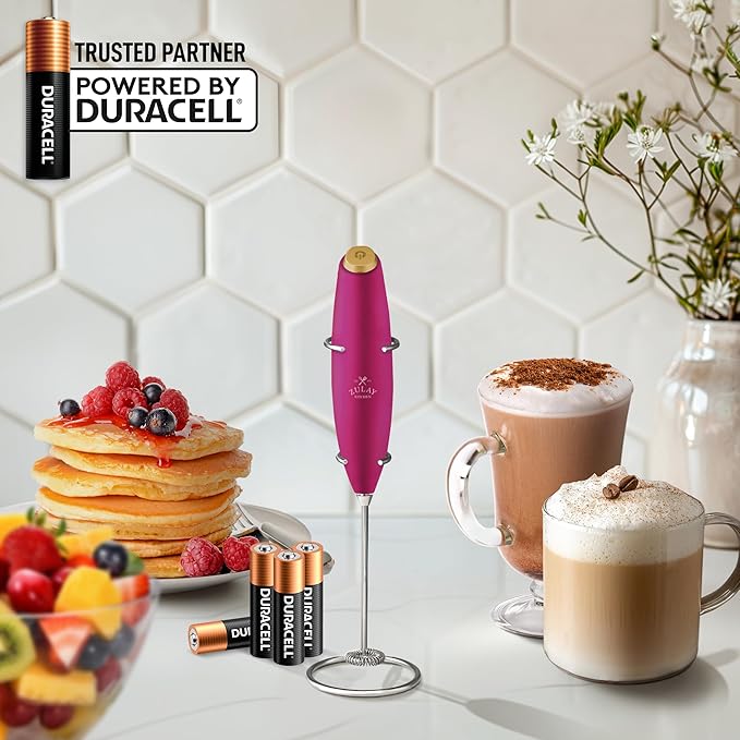 Zulay Kitchen Powerful Milk Frother Wand With 4 AA Duracell Batteries - Ultra Fast Handheld Drink Mixer - Electric Whisk Foam Maker for Coffee, Lattes, Cappuccino, Matcha & Creamer - Hot Pink Gold