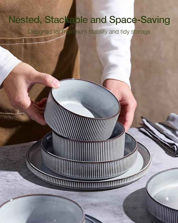 Famiware Star Dinnerware Set with Pasta Bowls, Service for 6 (24 Pieces), Ribbed Stoneware Plates and Double Bowls Sets - Chip & Scratch Resistant, Microwave & Dishwasher Safe Dishes, Smoky Blue