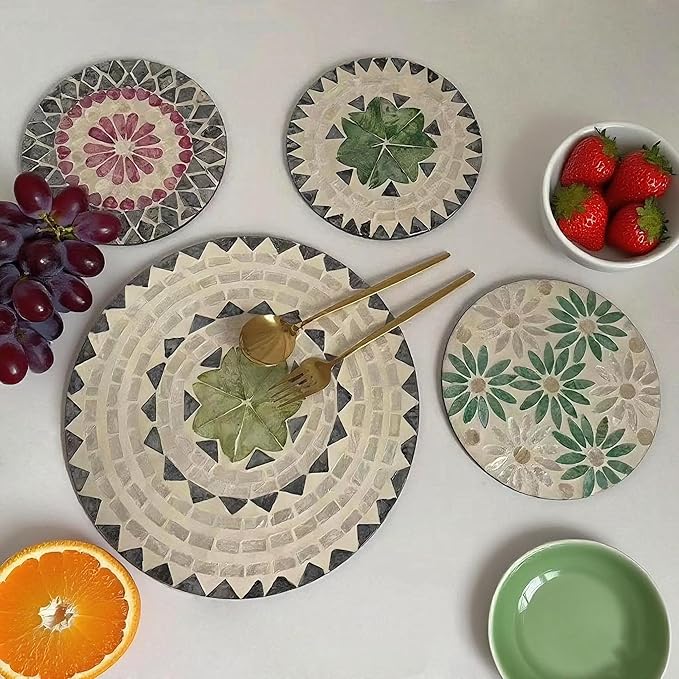 13 Inch Mother of Pearl Shell Placemat Plate – Large Round Decorative Heat for Table or Kitchen, Cabinet, Tabletop (Love Flower, 13 Inch)