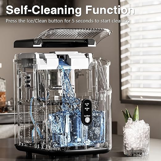 Antarctic Star Nugget Ice Makers Countertop, Pebble Ice Machine with Chewable Pellet Ice, 34Lbs/24H, Self-Cleaning, Sonic Ice, One-Click Operation, for Kitchen,Office Stainless Steel Black