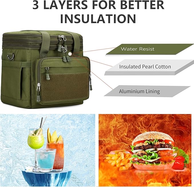 Gafetrey Tactical Lunch Box for Men, Insulated Lunch Bag Adult, Thermal Lunchbox Leakproof Waterproof Cooler Bag, Dual Compartment Lunch tote, Large Lunch Pail for Work Office Travel(Green) 15L