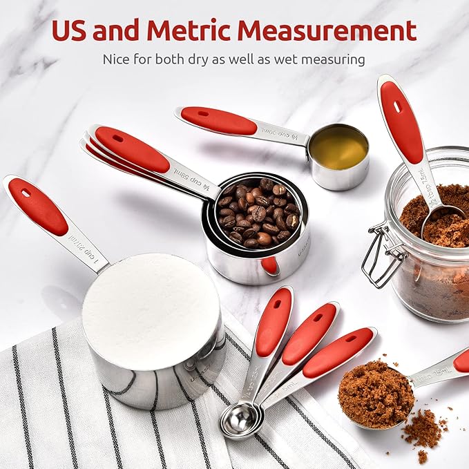 Measuring Cups and Spoons Set: U-Taste 18/8 Stainless Steel 10 Pieces Metal Stacking Kitchen Baking Cooking Food Measure Set 5 Cups 5 Spoons with Strengthened Weld Joints (Red Upgraded Version)