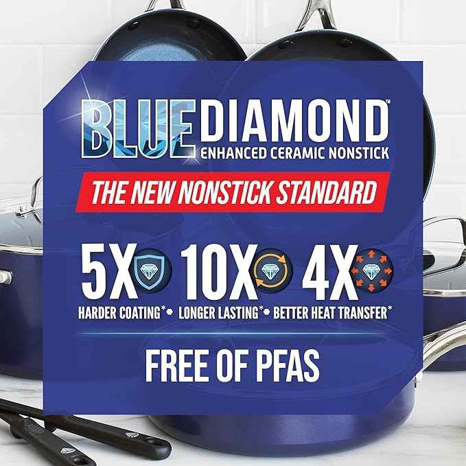 Blue Diamond 10 Piece Nonstick Cookware Set, Diamond Ceramic Pots & Pans, Dishwasher & Metal Utensil Safe, Non Toxic PFAS-Free, Kitchen Cooking Sauce & Saute Pans, Oven & Broiler to 600F, Blue