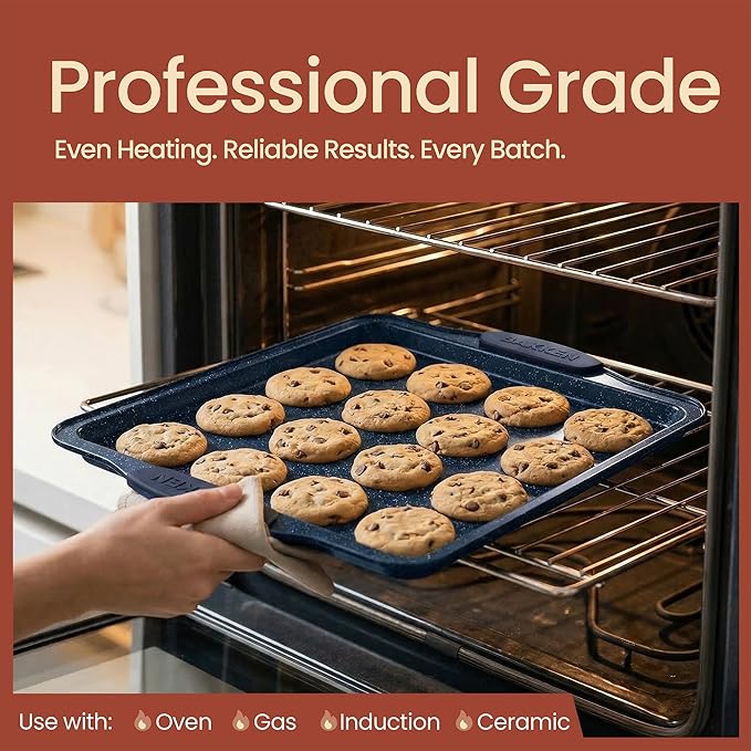 BAKKEN Kitchen Baking Pan Set - Nonstick Coating, Carbon Steel Bakeware Sets with Blue Silicone Handles, Baking Kitchen Essentials, PFOA, PFOS, PTFE Free, Oven Safe Tray (Up To 450° F), Set of 6