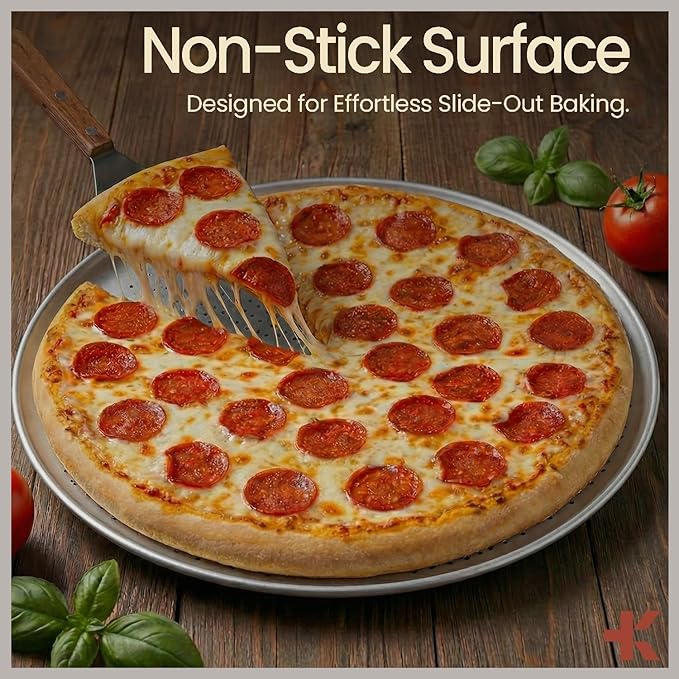 Bakken 16 Inch Non-Stick Pizza Pan 1 Pack, Round Carbon Steel Pizza Tray with Perforated Holes, PFOA, PFOS, & PTFE-Free, Dishwasher & Oven Safe Up To 450°F, Durable Nonstick Coating, Silver