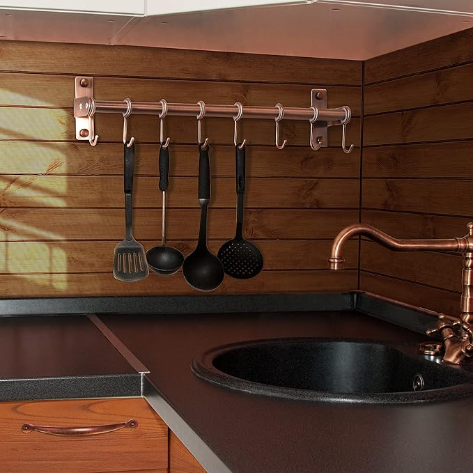 Dseap Pot Rack - Pots and Pans Hanging Rack Rail with 8 Hooks, Double Bars, Pot Hangers for Kitchen, Wall Mounted, Antique Copper