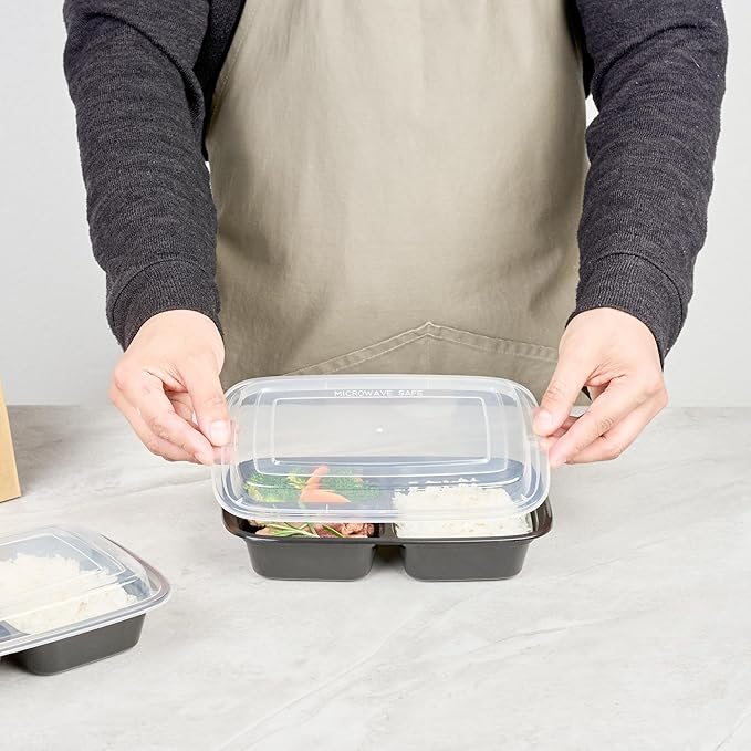 Restaurantware Asporto 26 Ounce Compartment Take Out Boxes 100 Microwavable Meal Prep Containers - 3 Compartments With Clear Plastic Lids Black Plastic Food Containers Do Not Contain BPA