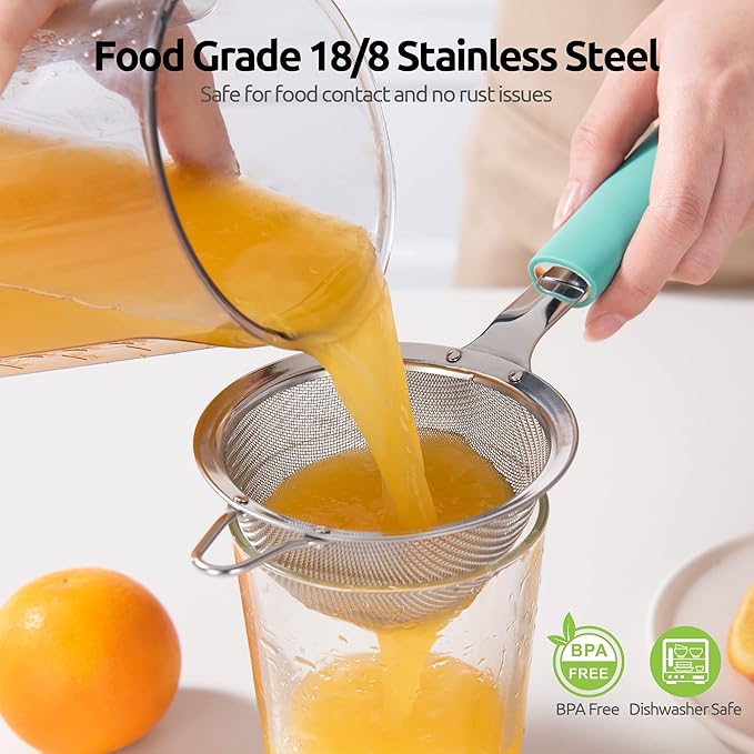 U-Taste 12 Piece Measuring Cups and Spoons Set in 18/8 Stainless Steel, and 18/8 Stainless Steel 3.9 inch 30 Mesh Strainer (Aqua Sky)