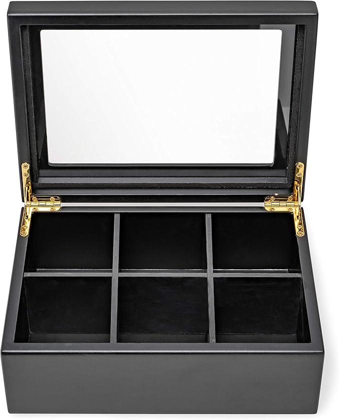 Break Tradition Wooden Tea Organizer For Tea Bags - 6 Compartments, Clear Top Window, Lid Stays Open (Black)