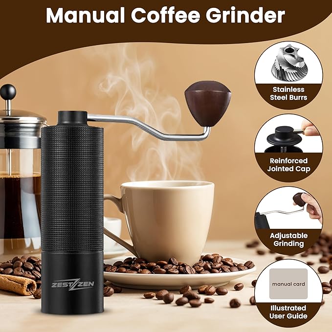 Manual Coffee Grinder with Precision Conical Burr – Adjustable Hand Coffee Grinder with Double Bearings – Stainless Steel Portable Coffee Mill for Espresso, French Press,Travel & Camping