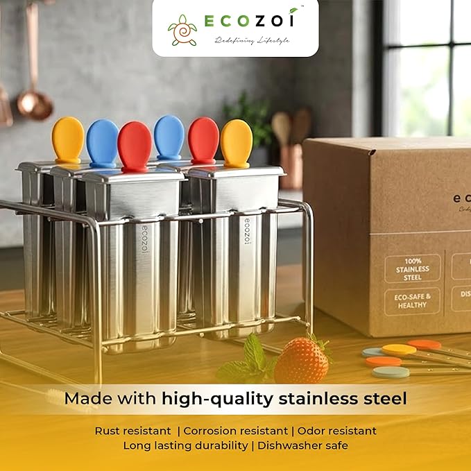 Ecozoi Stainless Steel Popsicle Molds – Reusable Metal Paleta Maker Set with 6 Molds, 6 Sticks, 12 Silicone Seals & Cleaning Brush – Easy Release Ice Pop Maker for Kids & Adults, 3 oz Each