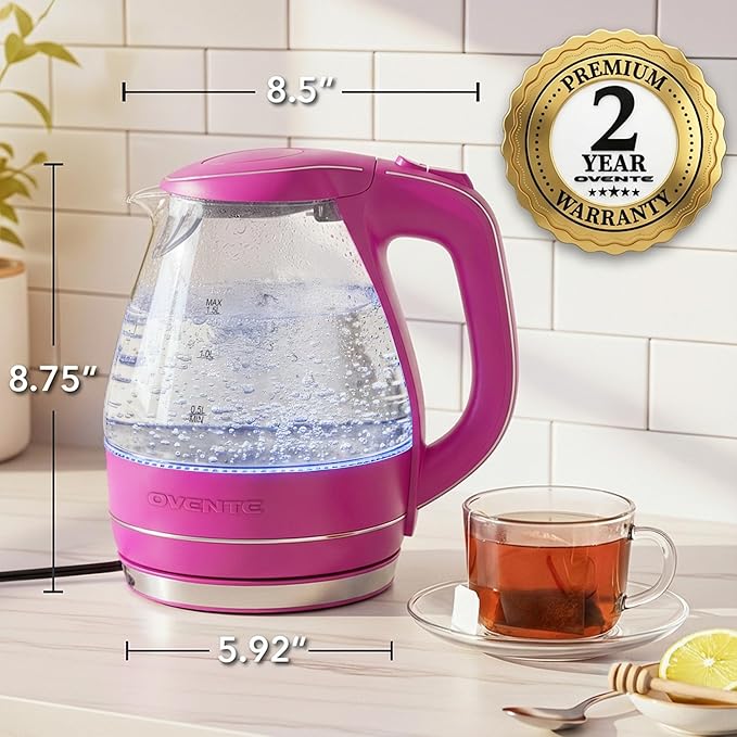 OVENTE Electric Kettle, 1.5L Borosilicate Glass Countertop Water Heater and Boiler for Coffee or Tea, BPA-Free, Auto Shut-Off, Boil-Dry Protection, Removable and Washable Spout Filter, Pink KG83F