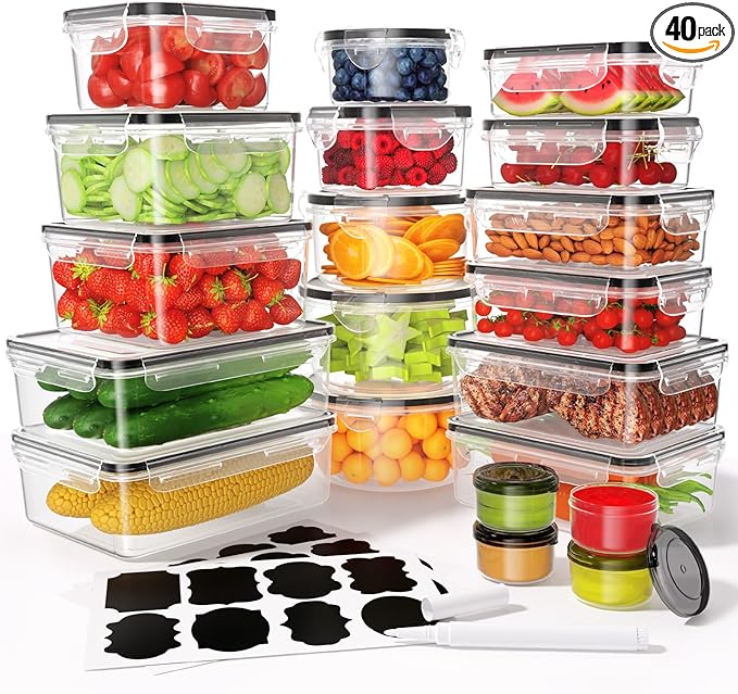40 PCS Food Storage Containers with Lids Airtight (20 Containers & 20 Lids), Leak proof Meal Prep Container Set for Kitchen Storage, BPA-free, PVC-free Plastic, Microwave/Dishwasher Safe, Labels & Pen