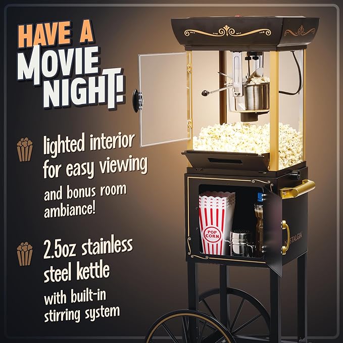 Nostalgia Popcorn Maker Machine - Vintage Theater Style Popcorn Cart With 2.5oz Stainless Steel Kettle, Makes Up To 10 Cups Easily - Bring Home the Fun with Theater Style Popcorn Machine-Black