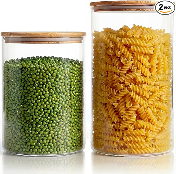 HomArtist Extra Large Glass Flour and Sugar Storage Containers with Airtight Lid,132 floz x1 & 65 floz x1 [Set of 2] Big Glass Jars with Bamboo Lids, Air Tight Food Jar for Cereal, Pasta, Rice, Coffee