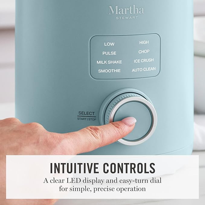 Martha Stewart 50oz Countertop Blender, Smoothie, Margarita & Ice Crushing Blender, BPA-Free Pitcher, 3 Speeds, 5 Presets, Auto-Clean Function, Dishwasher Safe, Stainless Steel Blades, Sky Blue