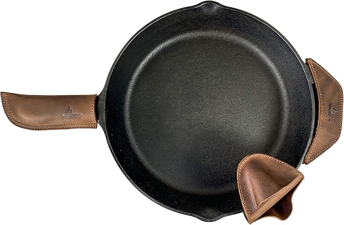 Set of 3 Rustic Hot Handle Holders, Panhandle, Side Kick & Grip Mitt, Assist Grip for Cast Iron Skillets & Pans, Full Grain Leather, Handmade, Bourbon Brown
