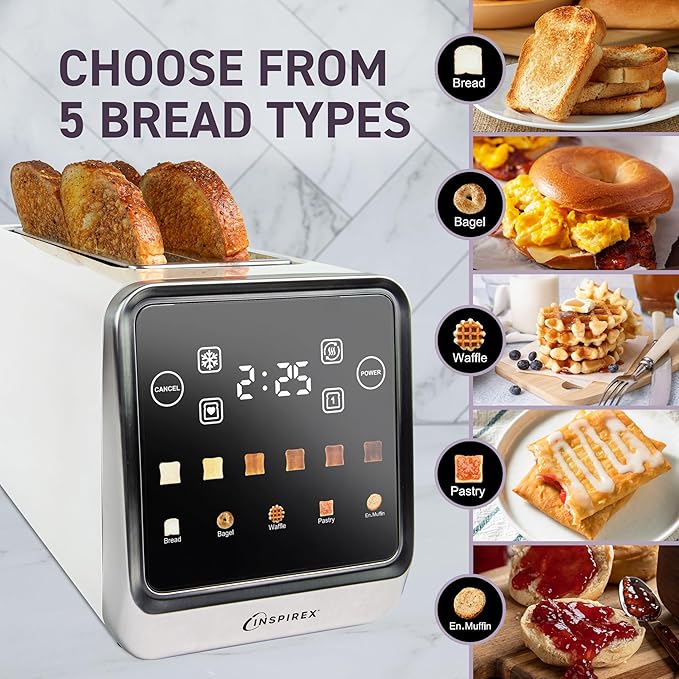 Touch Screen Toaster - 4 Slice, 2 Extra Long Slots - 5 Bread Types and 6 Browning Levels - Defrost, Reheat, Favorite, & Single Slot Modes - For Toast, Bagels, & Waffles – White