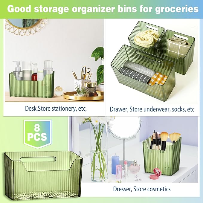 8 Pcs Storage Organizer Bins Wall Mounted Organizer Basket Plastic Cabinet Door Bins Stackable Hanging Baskets for Organizing for Wall Refrigerator Kitchen Bathroom Pantry(3.94'',Green)