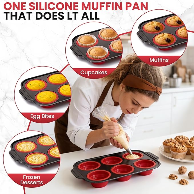 Silicone Muffin Pan for Baking with Metal Reinforced Frame - 6 Cups Regular Size Cupcake Pan Muffin Tins Egg Bite Molds - Nonstick, Easy to Pop, Bakeware for Oven, BPA Free (6-Cups Red)