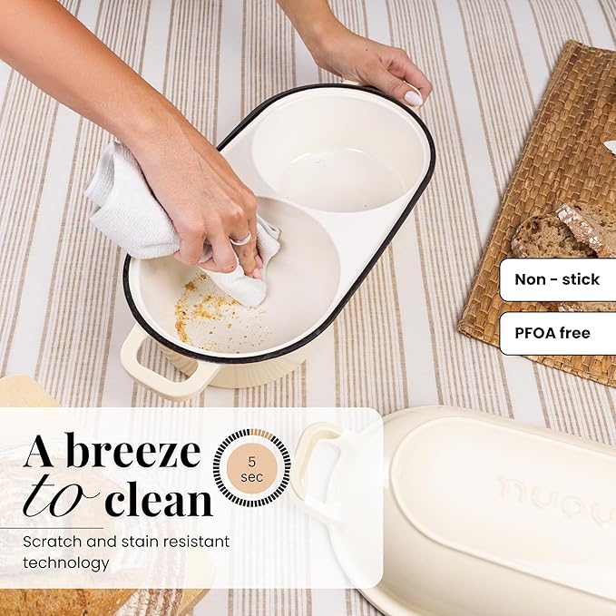 Dutch Oven For Sourdough Bread Baking – Enamelled Cast Iron Bread Loaf Pot – 500°F Oven Safe Non Stick Bread Pot – Double Round Loaf Space, 16.5cm Diameter, Cream, – by Nuovva