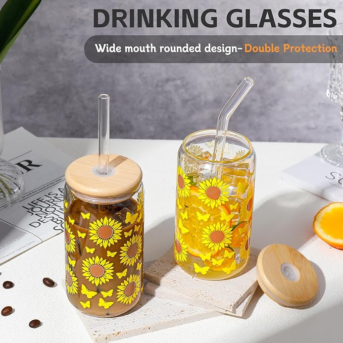 DWTS DANWEITESI Glass Cups with Lids and Straws with Design Sunflower 4 pcs,Clear Glass Cups 16 oz-Drinking Glasses Set,Glass Tumbler,Cute Design Glass Iced Coffee Cups with Lids and Straws