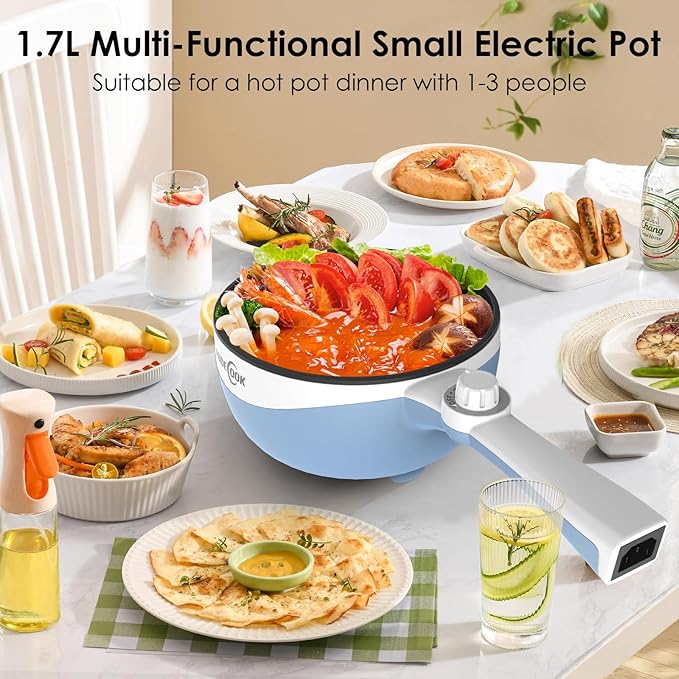 Audecook Hot Pot Electric, 1.7L Mini Electric Skillet Portable Nonstick Sauté Pan with Power Adjustment, Ramen Cooker Travel Multicooker for Steak/Soup/Egg/Oatmeal/Noodles