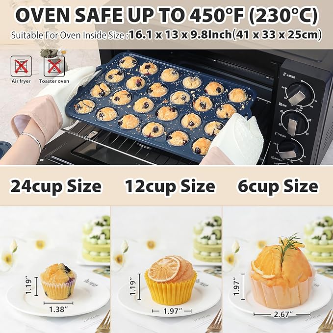 2 Pack Mini Silicone Muffin Pan with Metal Frame, Non Stick Silicone Cupcake Pan with Handles 24 Cup, BPA Free Silicon Muffin Tin Tray Small for baking, egg bites, Cupcake Mold Grey