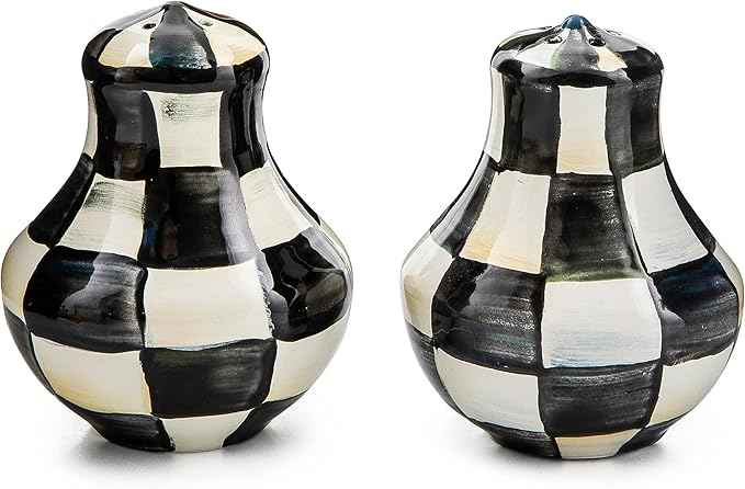 MACKENZIE-CHILDS Enamel Salt and Pepper Shakers, Kitchen Table Spice Shaker Set, Black-and-White Courtly Check, Small