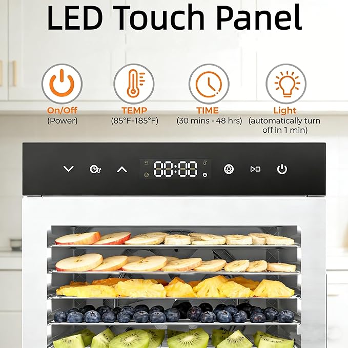 Simple Deluxe Food Dehydrator Machine, Fruit Dryer Machine with 8 Stainless Steel Trays, 24H Digital Timer 185°F Temperature Control, 500W Food Dryer for Jerky Meat Herb Fruit and Dog Treat, Silver