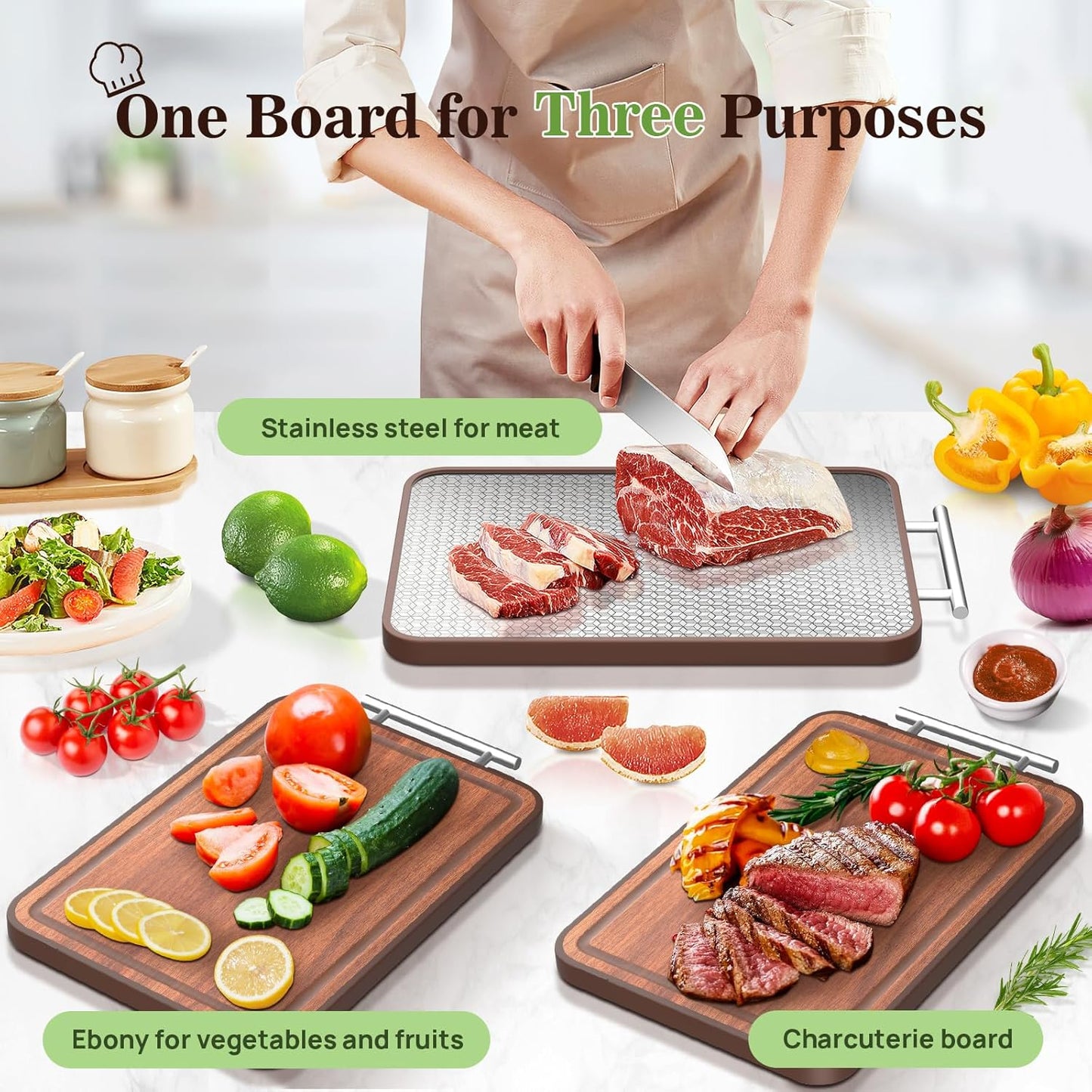 Stainless Steel Cutting Board Wood Double Sided Chopping Cutting Boards for Kitchen - 2 in 1 Ebony Metal with Handle Scratch Resistant Raw Meat Vegetable Fruit Cooking Gift 16.3''×10.4''×1''(Upgraded)