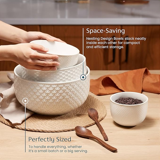 KooK Ceramic Mixing Bowls, Nesting Set of 4, Embossed Kitchen Dishware, Prep, Serving, Gift, Microwave and Dishwasher Safe, 20/44/98/145 oz, Narbonne Collection (Marshmallow)