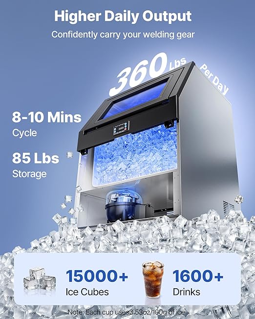 VEVOR Commercial Ice Maker Machine, 360 lbs/24h with 85 lbs Storage Capacity, Built-in/Freestanding/Under Counter, Stainless Steel Ice Maker with LED Display & Self-Cleaning, for Home Bar Restaurant