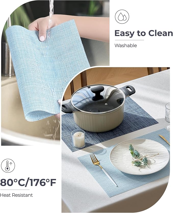 Leetaltree Soft Sky Blue Woven Placemats Set of 6 - Heat Resistant Non-Slip Place mats for Dining Table, Washable Durable PVC Vinyl Woven Table Mats(Sky Blue, 6)