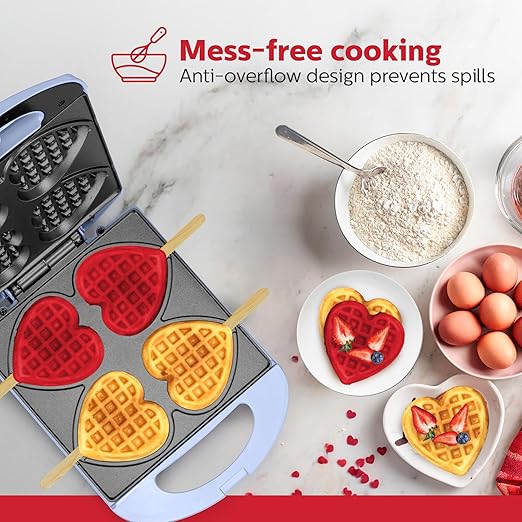 Holstein Housewares - Non-Stick Heart Waffle Maker, 120 Volts, Lavender - Makes 4 Heart-Shaped Waffles in Minutes