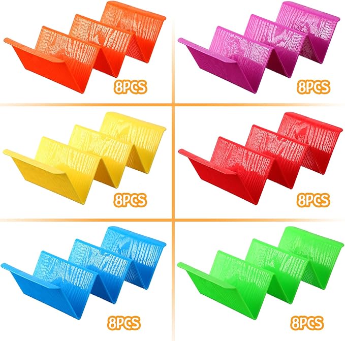 48 Packs Colorful Taco Holder Stands Plastic Large Taco Tray Plates Hold 2 or 3 Tacos Each Rack Server Hard Tortilla Holder for Party Platter Rack Dishwasher Microwave Safe