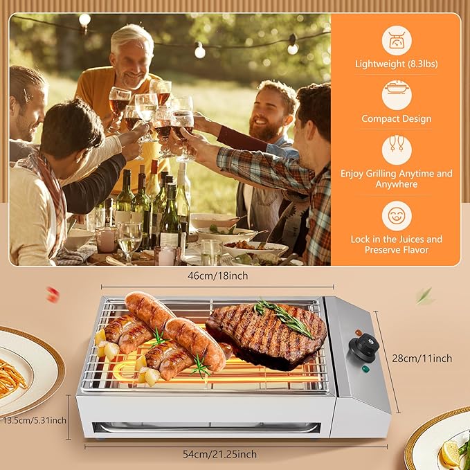 Electric Indoor Grill 1800W, 2 in 1 Smokeless Indoor Stainless Steel Grills with Non-stick Removable Grill & Grease Catcher Tray, 122-302°F Temperature Control Portable Flat Top Korean BBQ Grill