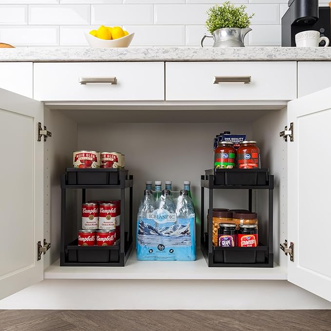 IRIS USA Under Sink Organizer, 4 Pack, Bathroom Organizers and Storage, Pull Out Under Cabinet Kitchen Shelf Pantry Under Counter, Cleaning Supplies, Vertical Spice Rack Slide Out Drawer, Easy Install