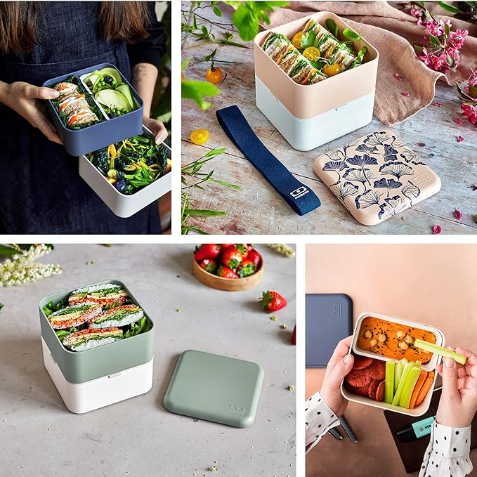 monbento - Large Bento Lunch Box MB Square Ginkgo with 2 Compartments - 57 oz - Leakproof Lunch Box for Work/Picnic/Meal Prep - BPA Free - Microwave & Dishwasher Safe - Pink & Blue