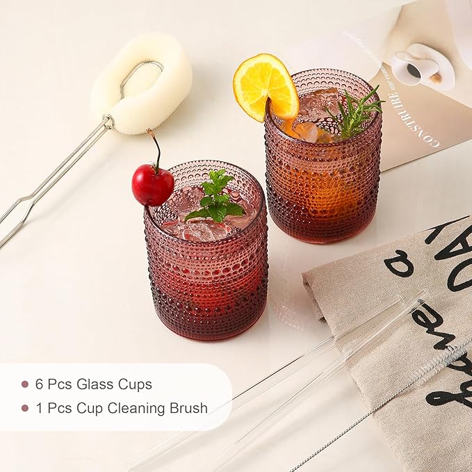 ZMOWIPDL Vintage Glassware Drinking Glasses Set of 6,12 oz Hobnail Glass Cups,Embossed Purple Water Tumbler,for Beer,Cocktail,Whiskey,Juice and Various Mixed Drinks- 1 Cleaning Brush