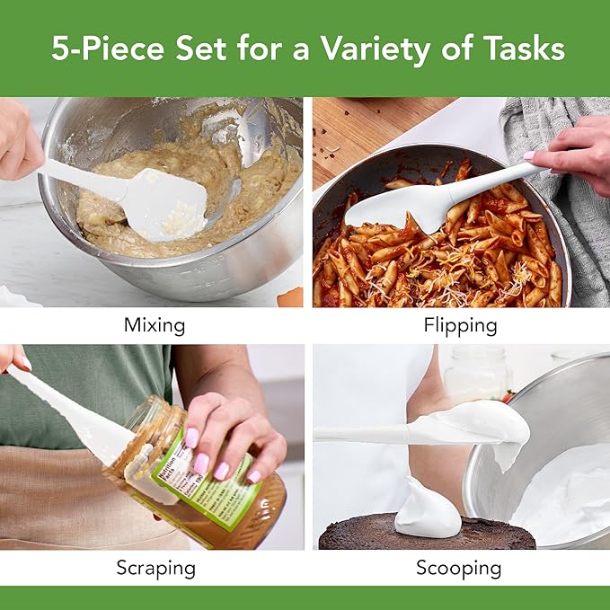 Tovolo Flex Core 5 Piece Silicone Spatula Set Heat Resistant All Silicone Utensils Include Non Stick Spatula Spoonula Jar Scraper, Dishwasher Safe BPA Free Spatulas for Baking Mixing, White
