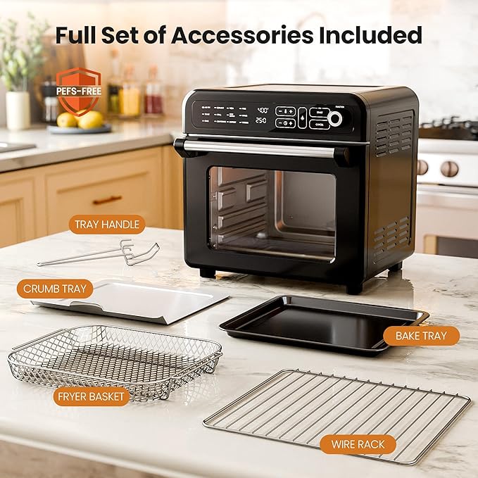 Kismile 18QT Air Fryer Toaster Oven Combo, 12-in-1 Countertop Convection Airfryer Oven, 70–450℉, Bake, Roast, Reheat & Broil, Fits 8–10″ Pizza, Includes Full Accessories, Stainless Steel (Black)