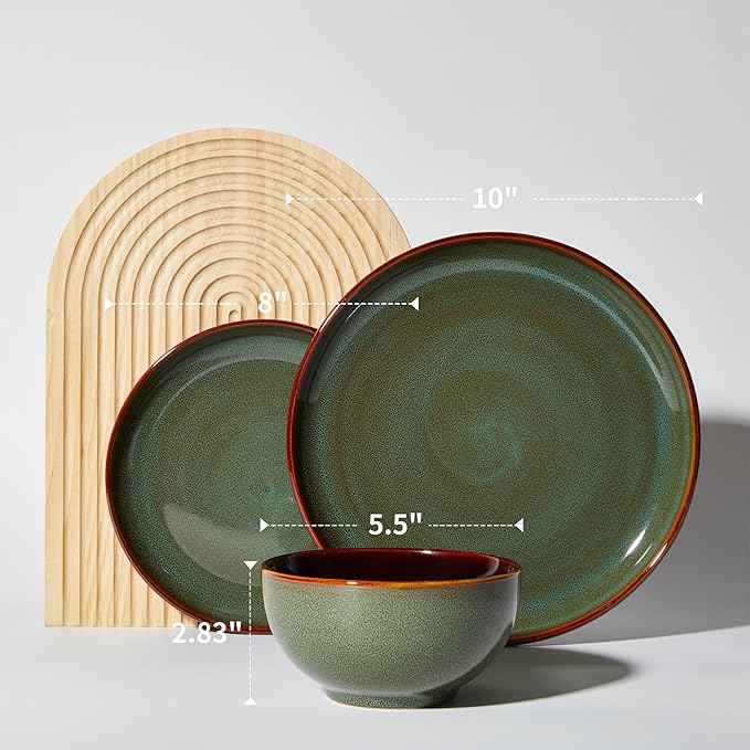 Stoneware Dinnerware Sets for 6, Microwave Safe Plate and Bowl Set, Easy to Clean & Durable Dishes Sets for Small to Medium Families, Sage Green