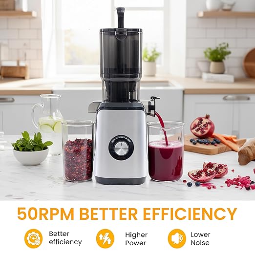 HealSmart Cold Press Masticating Juicer, Wide Feed Chute Accommodates Whole Produce, Premium Juice Extractor with High Yield, BPA-Free & Easy Clean, Silver