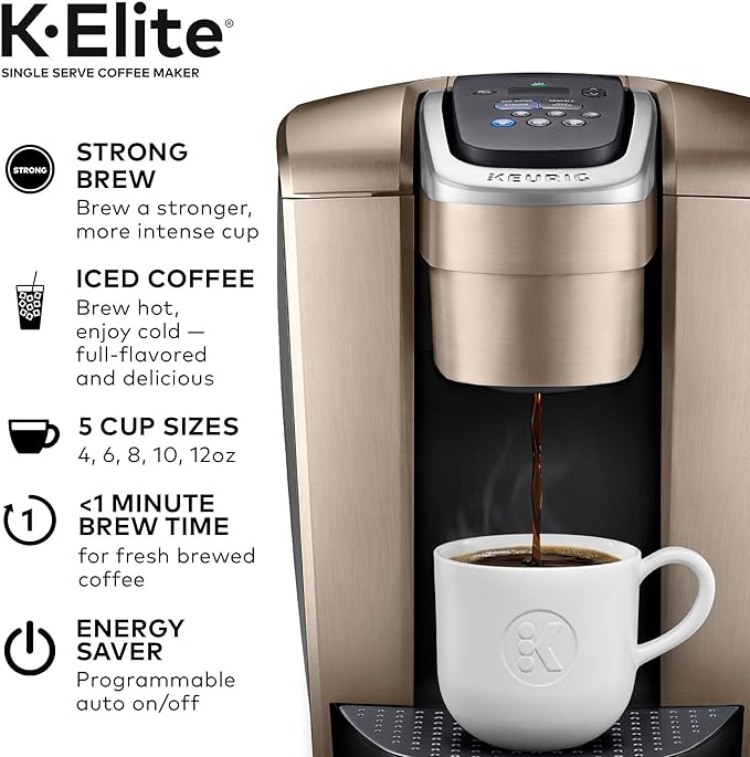 Keurig K-Elite Coffee Maker, Single Serve K-Cup Pod Coffee Brewer, Brushed Gold & 3-Month Brewer Maintenance Kit Includes Descaling Solution, Water Filter Cartridges & Rinse Pods, 7 Count