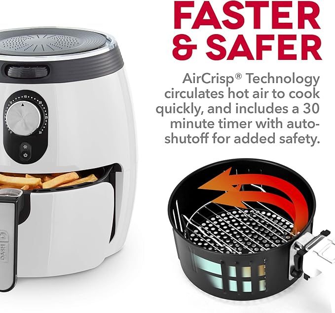 Dash Deluxe Air Fryer -Has AirCrisp® Technology - Adjustable Temperature Control & Auto Shut-Off Feature - Compact Nonstick Basket - 3 Quarts - White